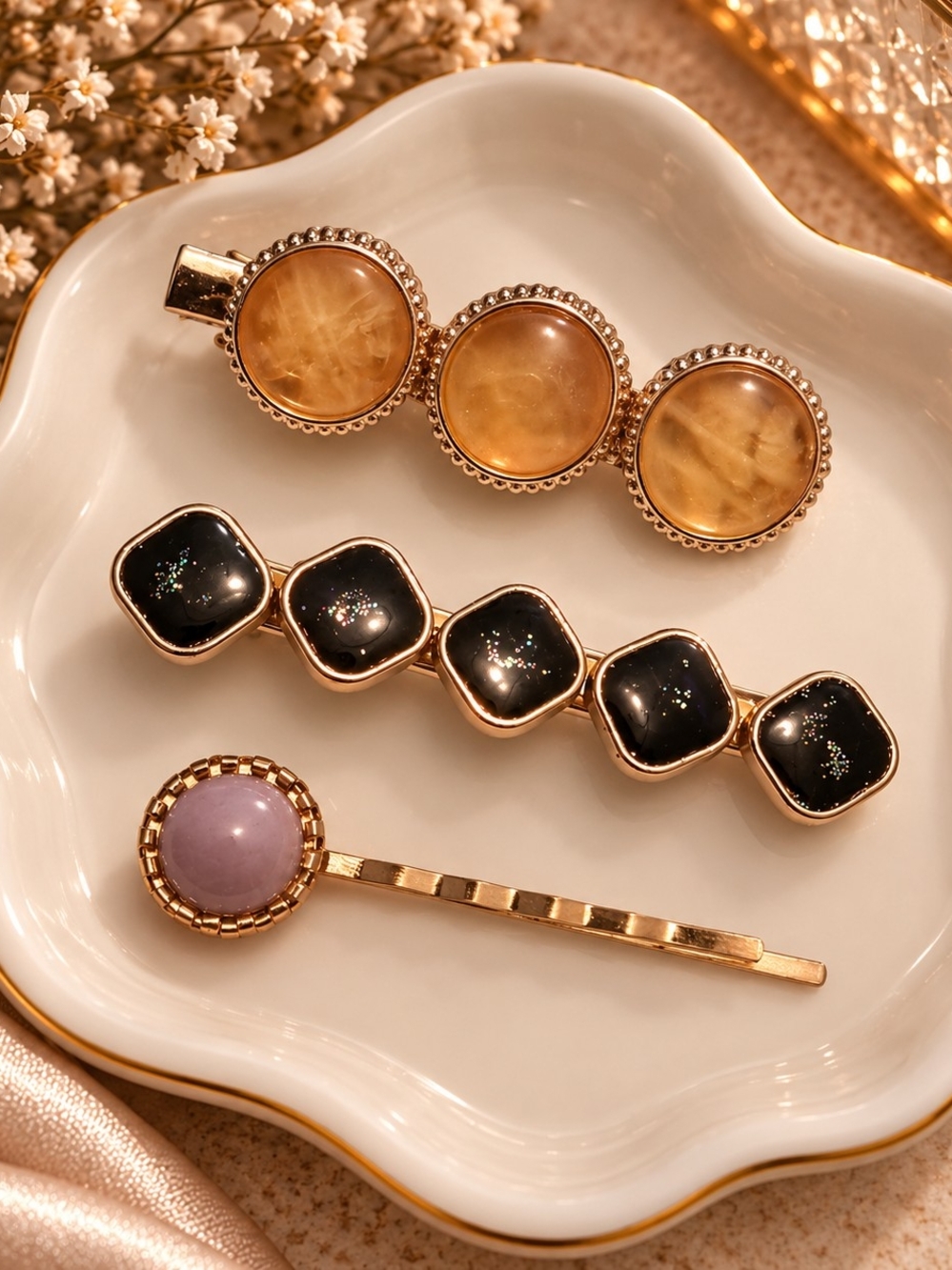 Gold-Tone Multi Gem Hair Clip Set - Black, Amber & Lavender New